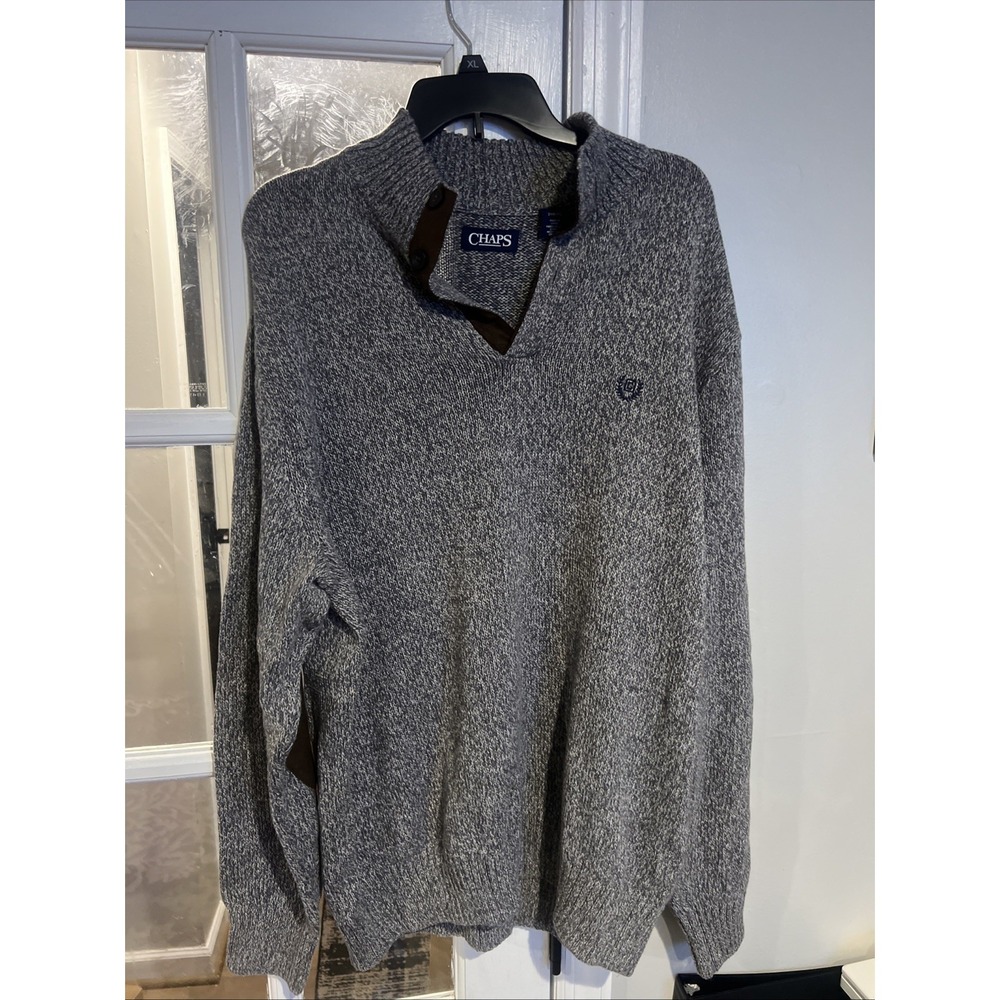 CHAPS Men Henley Sweater Elbow Patch Gray Rib Knit Collar 100% Cotton XXL